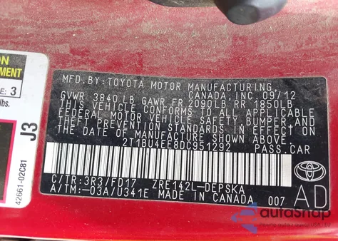 2013 Toyota Corolla S z USA, uszkodzony, nr VIN 2T1BU4EE8DC951292